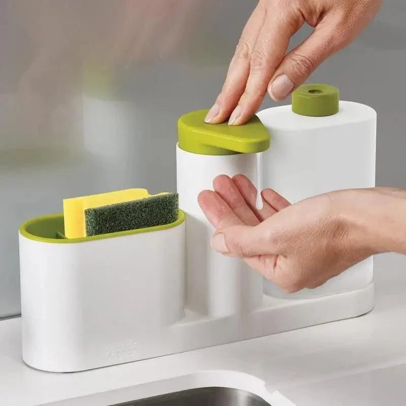 Distributeur de Savon Intelligent Blanc Accessoires de Salle de Bain Distributeur de Savon Liquide Boîte de Rangement Simple avec Réservoir 3 EN 1 Éponge de Nettoyage Support de Brosse Pompe à Savon Gadgets de Cuisine