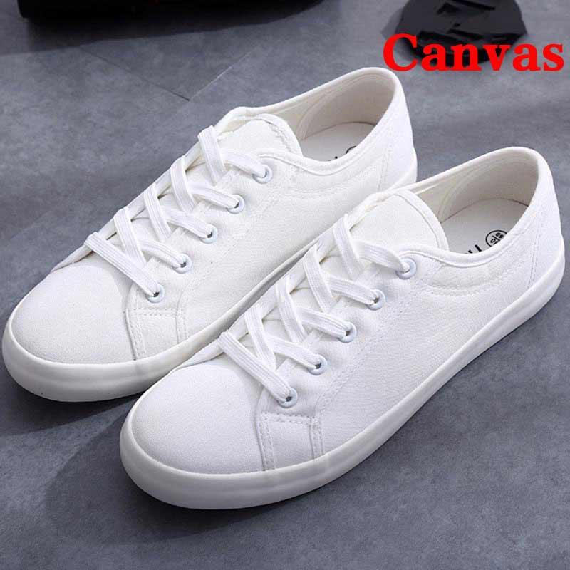 Baskets Blanches d'Été pour Femmes Chaussures en Cuir Blanc et Toile Baskets Tenis Classiques Décontractées en Coton à Enfiler Toile Confortables Chaussures Plates de Marche