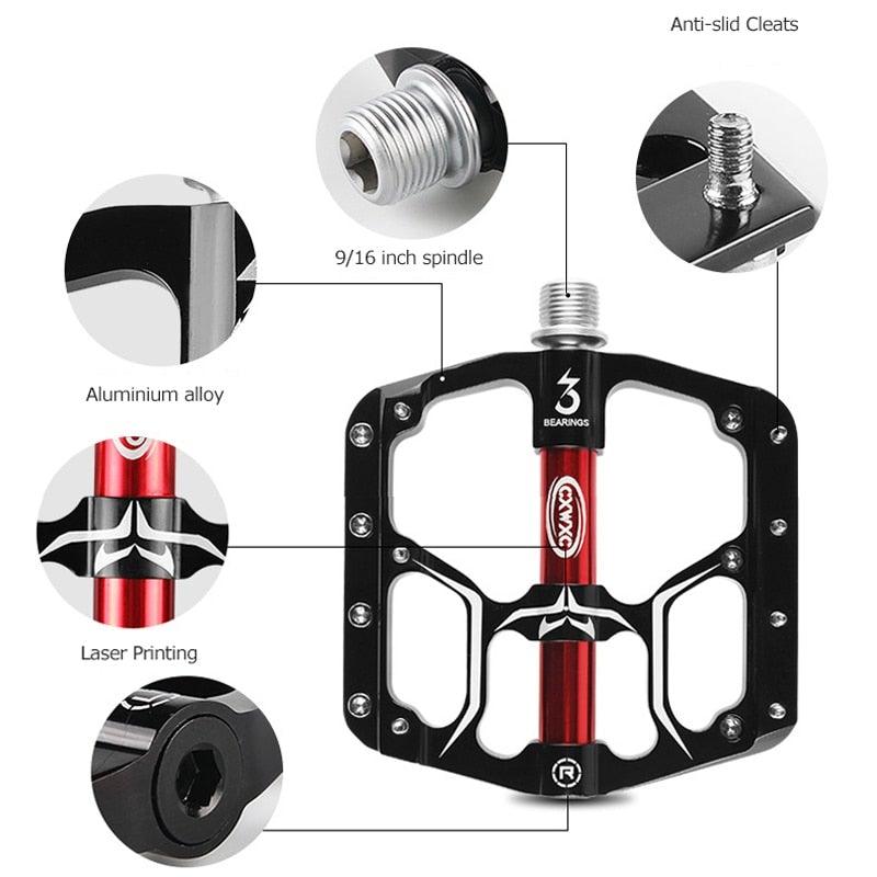 Pédales de vélo de route plates et larges pour VTT, 3 roulements étanches 9/16 po en aluminium avec cales antidérapantes amovibles, pédales plates de VTT en alliage d'aluminium antidérapantes avec 3 roulements pour vélo de route