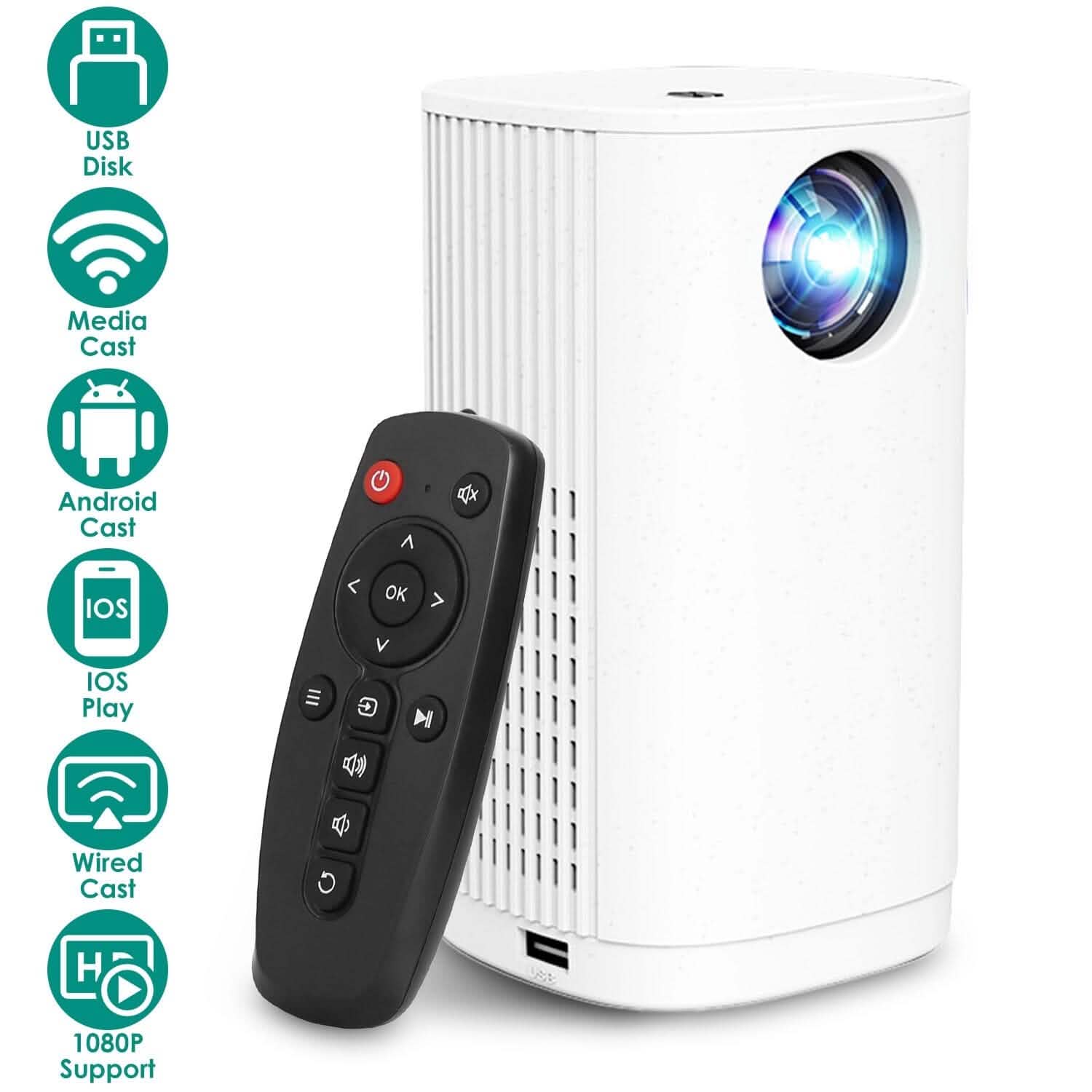 Projecteur WiFi 1080P Projecteur Téléphone Projecteur Cinéma Maison Compatible avec IOS Android iPads Clé USB