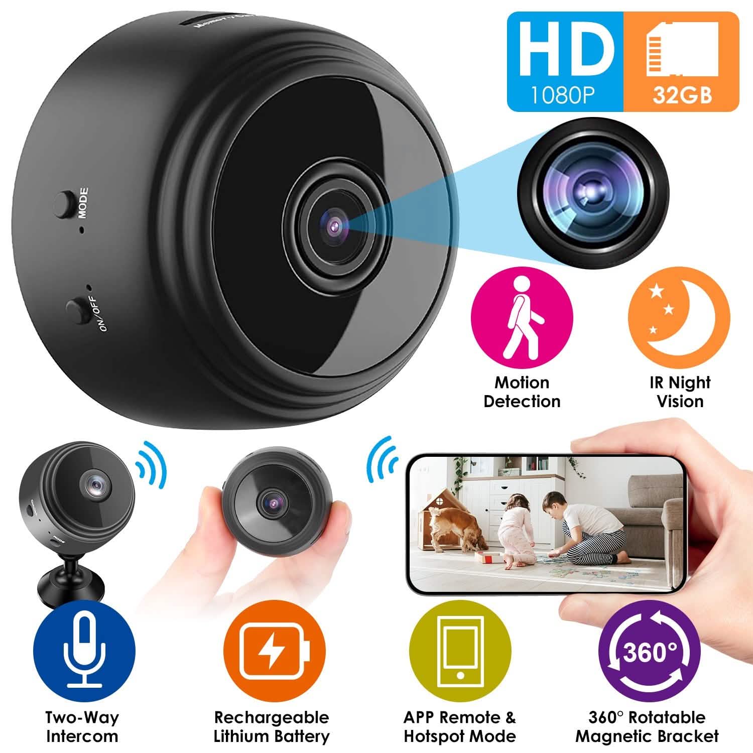 Caméra de sécurité domestique IP WIFI 1080P Full HD avec carte MMC de 32 Go
