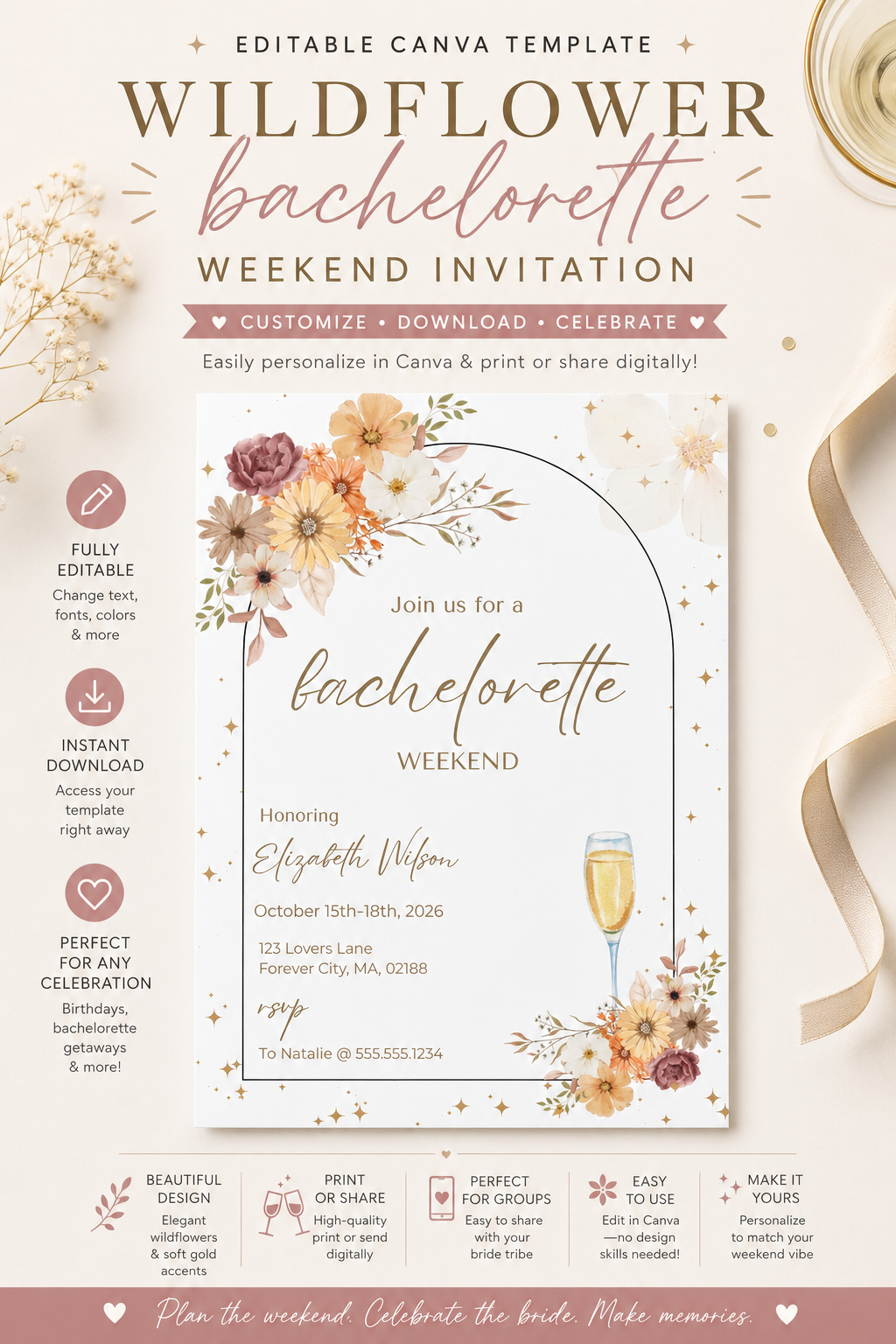 Invitation pour un week-end d'enterrement de vie de jeune fille "Wildflower" – Modèle Canva