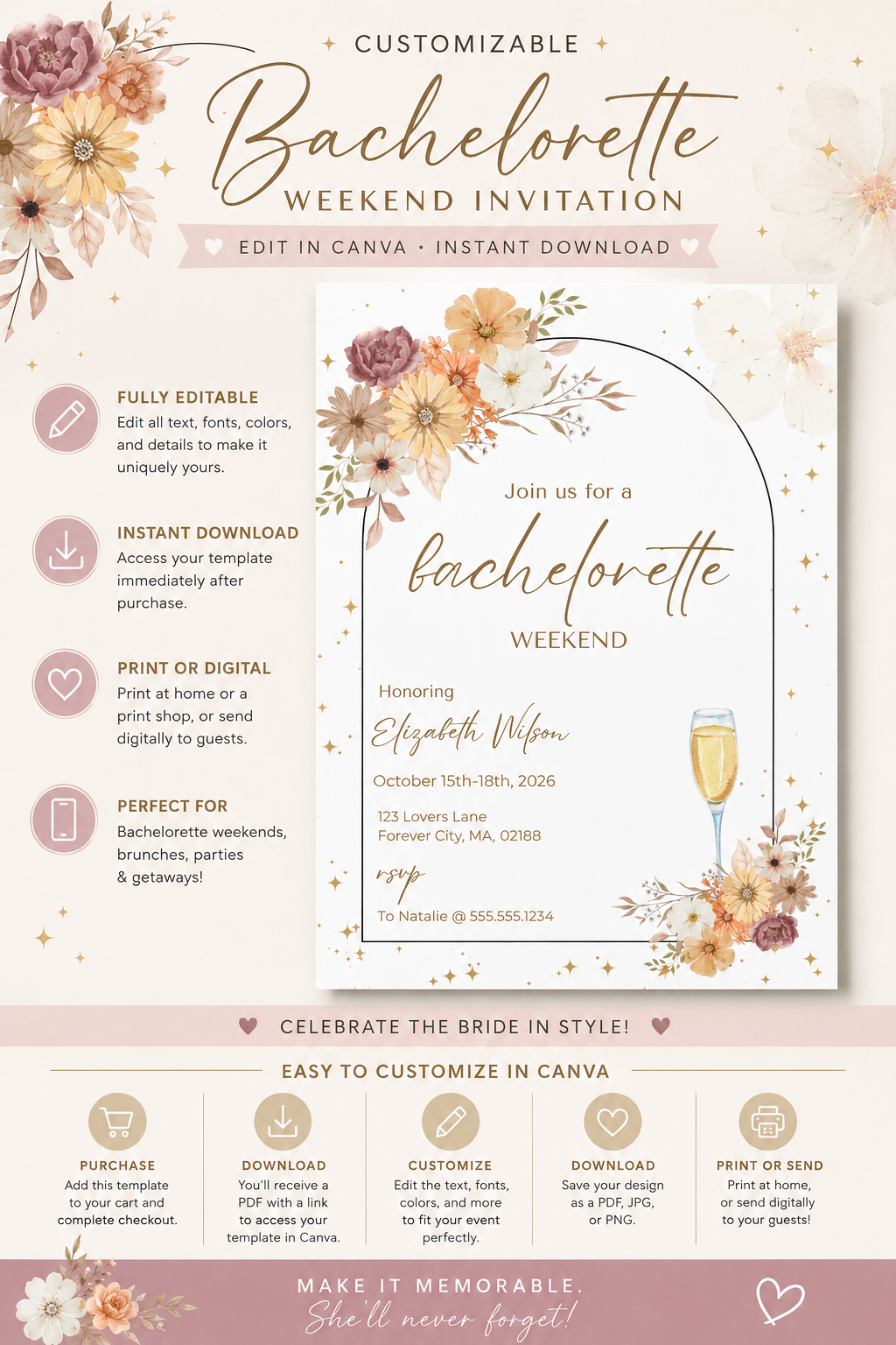 Invitation pour un week-end d'enterrement de vie de jeune fille "Wildflower" – Modèle Canva