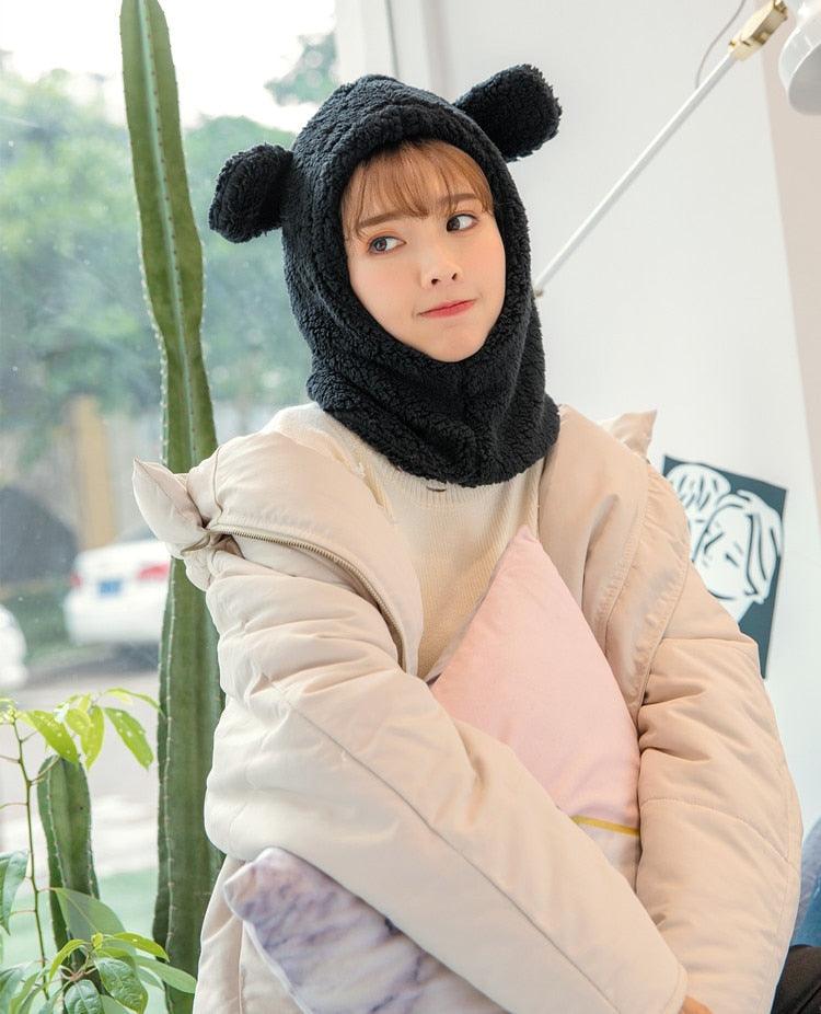 Bonnet d'hiver chaud avec oreilles d'ours mignonnes, coupe-vent, cache-cou, chapeau, écharpe, cagoule en cachemire pour étudiantes, femmes, unisexe, pour sports chauds, bonnets tricotés, cagoule, écharpe à cordon de serrage, cagoule douce en tricot.