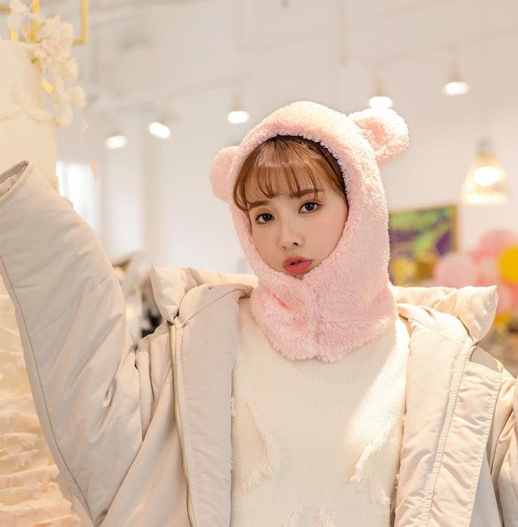 Bonnet d'hiver chaud avec oreilles d'ours mignonnes, coupe-vent, cache-cou, chapeau, écharpe, cagoule en cachemire pour étudiantes, femmes, unisexe, pour sports chauds, bonnets tricotés, cagoule, écharpe à cordon de serrage, cagoule douce en tricot.