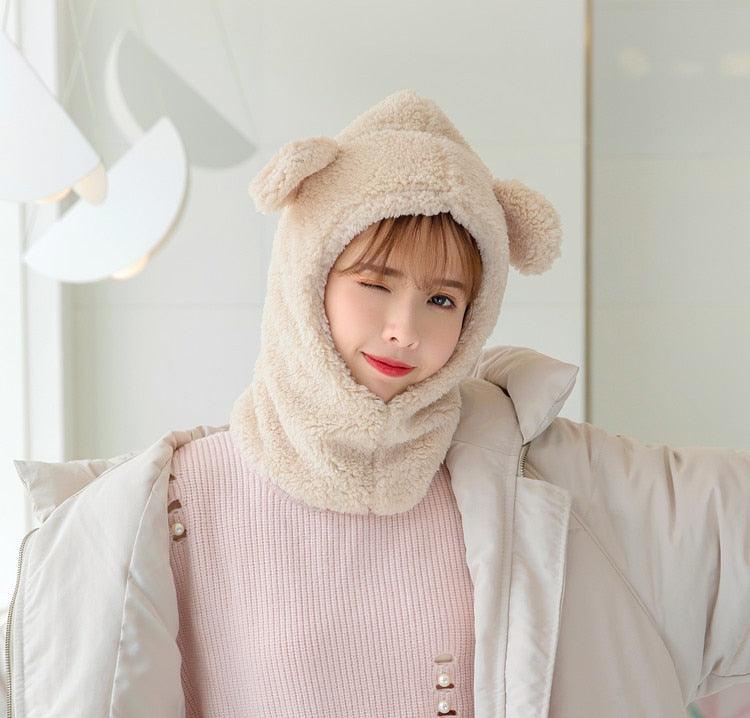 Bonnet d'hiver chaud avec oreilles d'ours mignonnes, coupe-vent, cache-cou, chapeau, écharpe, cagoule en cachemire pour étudiantes, femmes, unisexe, pour sports chauds, bonnets tricotés, cagoule, écharpe à cordon de serrage, cagoule douce en tricot.