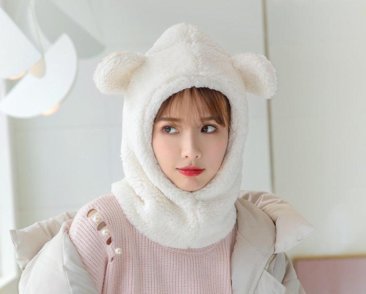 Bonnet d'hiver chaud avec oreilles d'ours mignonnes, coupe-vent, cache-cou, chapeau, écharpe, cagoule en cachemire pour étudiantes, femmes, unisexe, pour sports chauds, bonnets tricotés, cagoule, écharpe à cordon de serrage, cagoule douce en tricot.