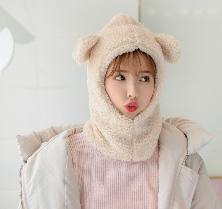 Bonnet d'hiver chaud avec oreilles d'ours mignonnes, coupe-vent, cache-cou, chapeau, écharpe, cagoule en cachemire pour étudiantes, femmes, unisexe, pour sports chauds, bonnets tricotés, cagoule, écharpe à cordon de serrage, cagoule douce en tricot.