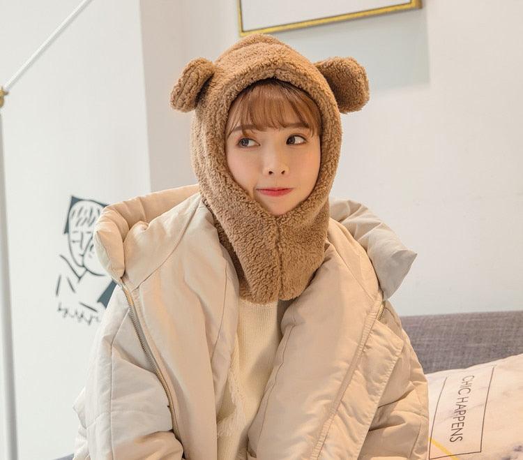 Bonnet d'hiver chaud avec oreilles d'ours mignonnes, coupe-vent, cache-cou, chapeau, écharpe, cagoule en cachemire pour étudiantes, femmes, unisexe, pour sports chauds, bonnets tricotés, cagoule, écharpe à cordon de serrage, cagoule douce en tricot.