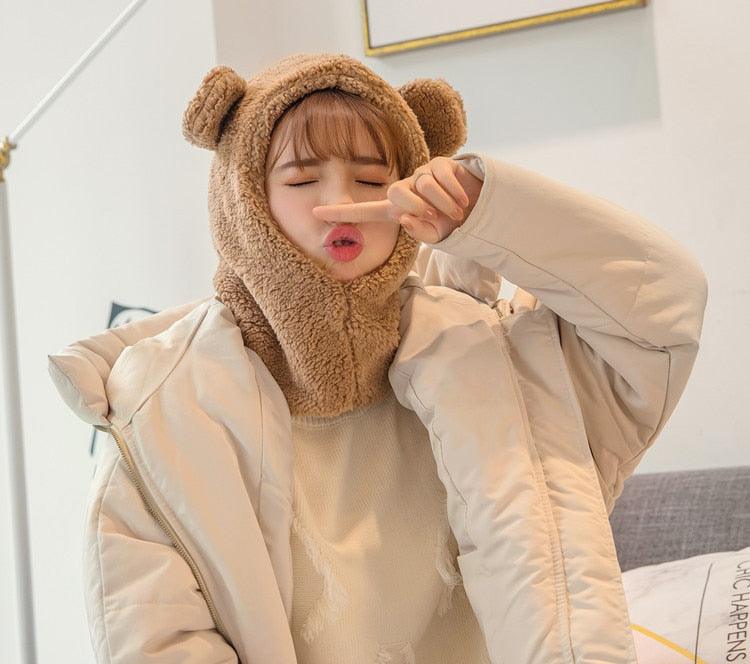 Bonnet d'hiver chaud avec oreilles d'ours mignonnes, coupe-vent, cache-cou, chapeau, écharpe, cagoule en cachemire pour étudiantes, femmes, unisexe, pour sports chauds, bonnets tricotés, cagoule, écharpe à cordon de serrage, cagoule douce en tricot.