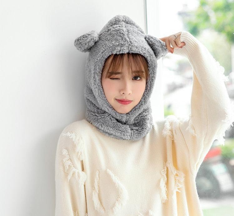 Bonnet d'hiver chaud avec oreilles d'ours mignonnes, coupe-vent, cache-cou, chapeau, écharpe, cagoule en cachemire pour étudiantes, femmes, unisexe, pour sports chauds, bonnets tricotés, cagoule, écharpe à cordon de serrage, cagoule douce en tricot.