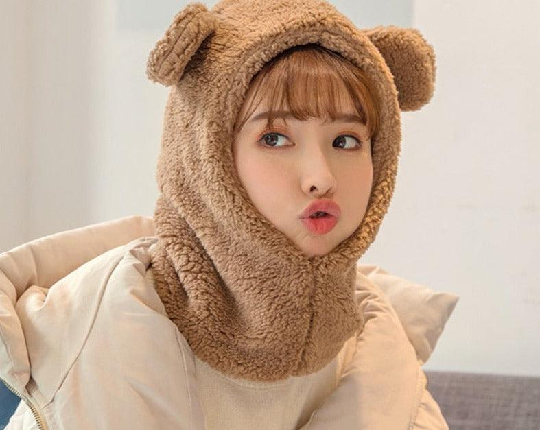 Bonnet d'hiver chaud avec oreilles d'ours mignonnes, coupe-vent, cache-cou, chapeau, écharpe, cagoule en cachemire pour étudiantes, femmes, unisexe, pour sports chauds, bonnets tricotés, cagoule, écharpe à cordon de serrage, cagoule douce en tricot.