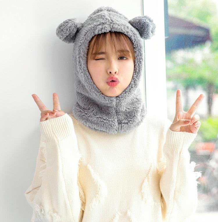 Bonnet d'hiver chaud avec oreilles d'ours mignonnes, coupe-vent, cache-cou, chapeau, écharpe, cagoule en cachemire pour étudiantes, femmes, unisexe, pour sports chauds, bonnets tricotés, cagoule, écharpe à cordon de serrage, cagoule douce en tricot.