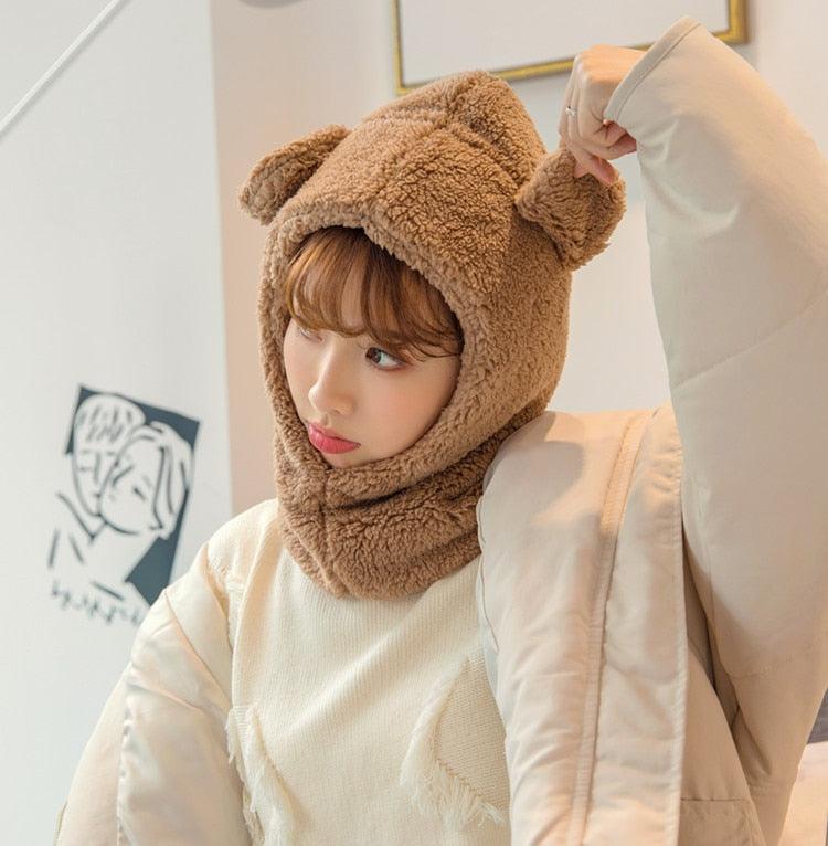 Bonnet d'hiver chaud avec oreilles d'ours mignonnes, coupe-vent, cache-cou, chapeau, écharpe, cagoule en cachemire pour étudiantes, femmes, unisexe, pour sports chauds, bonnets tricotés, cagoule, écharpe à cordon de serrage, cagoule douce en tricot.