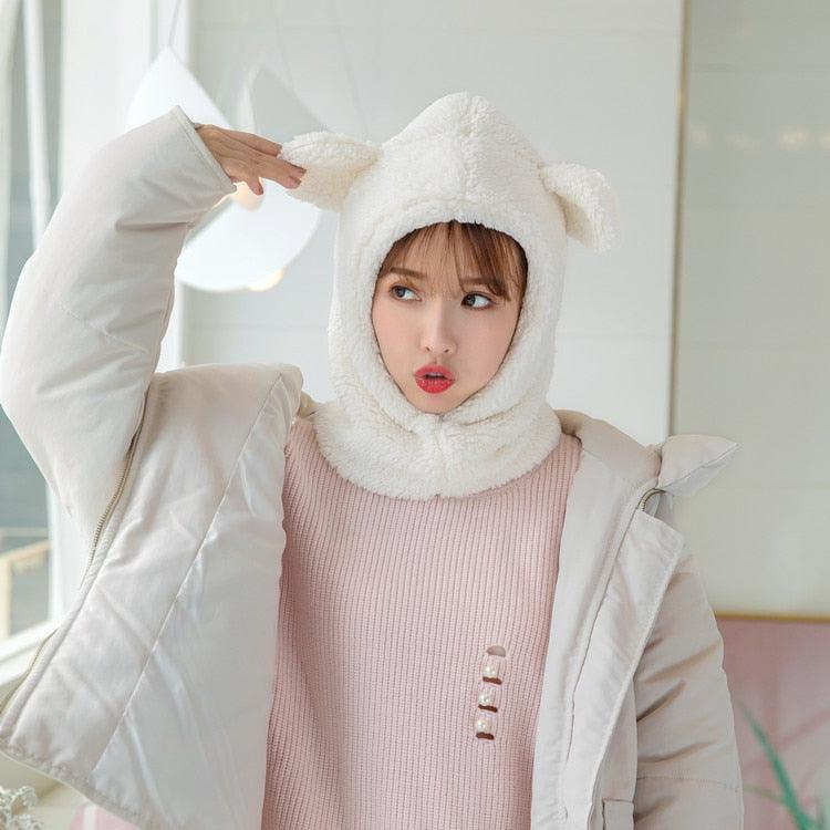 Bonnet d'hiver chaud avec oreilles d'ours mignonnes, coupe-vent, cache-cou, chapeau, écharpe, cagoule en cachemire pour étudiantes, femmes, unisexe, pour sports chauds, bonnets tricotés, cagoule, écharpe à cordon de serrage, cagoule douce en tricot.