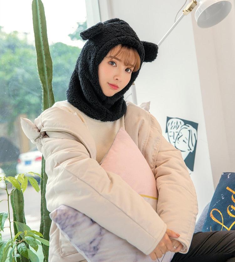 Bonnet d'hiver chaud avec oreilles d'ours mignonnes, coupe-vent, cache-cou, chapeau, écharpe, cagoule en cachemire pour étudiantes, femmes, unisexe, pour sports chauds, bonnets tricotés, cagoule, écharpe à cordon de serrage, cagoule douce en tricot.