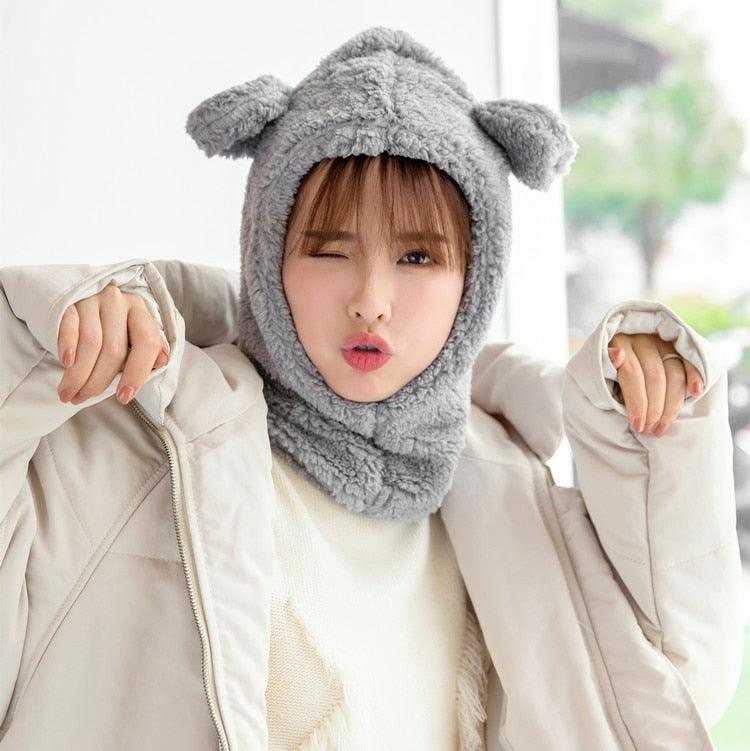 Bonnet d'hiver chaud avec oreilles d'ours mignonnes, coupe-vent, cache-cou, chapeau, écharpe, cagoule en cachemire pour étudiantes, femmes, unisexe, pour sports chauds, bonnets tricotés, cagoule, écharpe à cordon de serrage, cagoule douce en tricot.