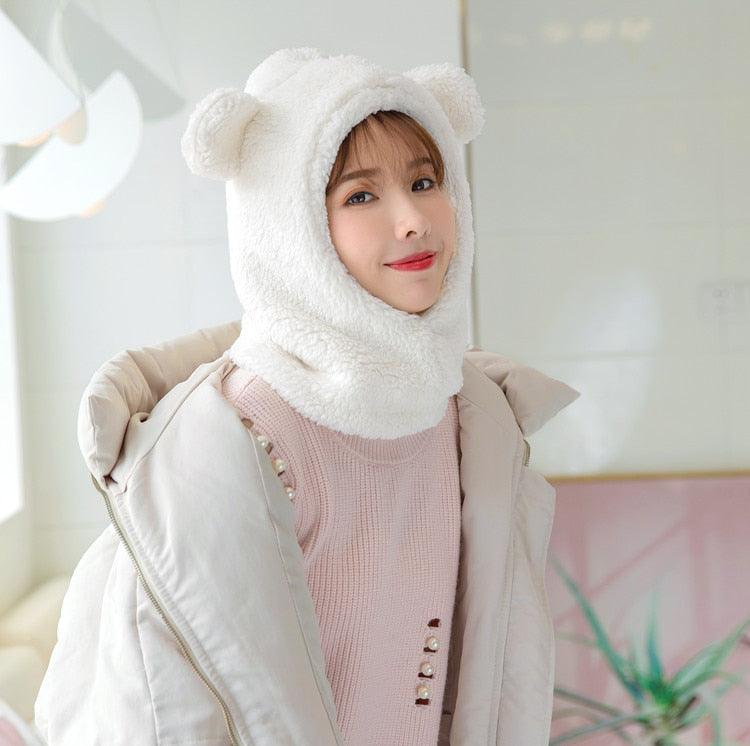 Bonnet d'hiver chaud avec oreilles d'ours mignonnes, coupe-vent, cache-cou, chapeau, écharpe, cagoule en cachemire pour étudiantes, femmes, unisexe, pour sports chauds, bonnets tricotés, cagoule, écharpe à cordon de serrage, cagoule douce en tricot.