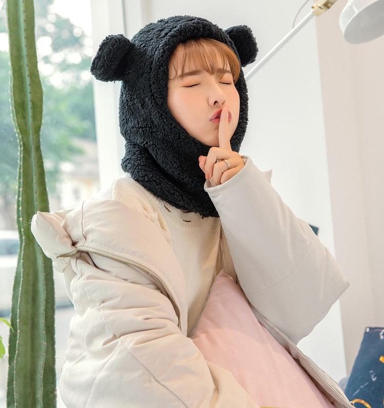 Bonnet d'hiver chaud avec oreilles d'ours mignonnes, coupe-vent, cache-cou, chapeau, écharpe, cagoule en cachemire pour étudiantes, femmes, unisexe, pour sports chauds, bonnets tricotés, cagoule, écharpe à cordon de serrage, cagoule douce en tricot.