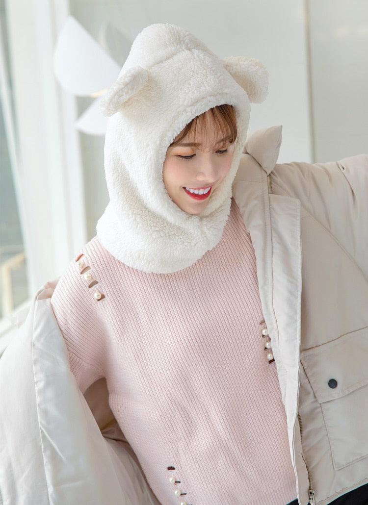 Bonnet d'hiver chaud avec oreilles d'ours mignonnes, coupe-vent, cache-cou, chapeau, écharpe, cagoule en cachemire pour étudiantes, femmes, unisexe, pour sports chauds, bonnets tricotés, cagoule, écharpe à cordon de serrage, cagoule douce en tricot.