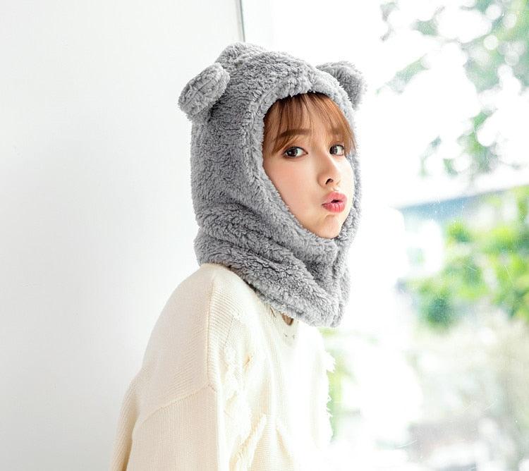Bonnet d'hiver chaud avec oreilles d'ours mignonnes, coupe-vent, cache-cou, chapeau, écharpe, cagoule en cachemire pour étudiantes, femmes, unisexe, pour sports chauds, bonnets tricotés, cagoule, écharpe à cordon de serrage, cagoule douce en tricot.
