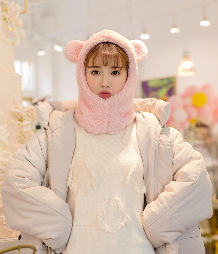 Bonnet d'hiver chaud avec oreilles d'ours mignonnes, coupe-vent, cache-cou, chapeau, écharpe, cagoule en cachemire pour étudiantes, femmes, unisexe, pour sports chauds, bonnets tricotés, cagoule, écharpe à cordon de serrage, cagoule douce en tricot.
