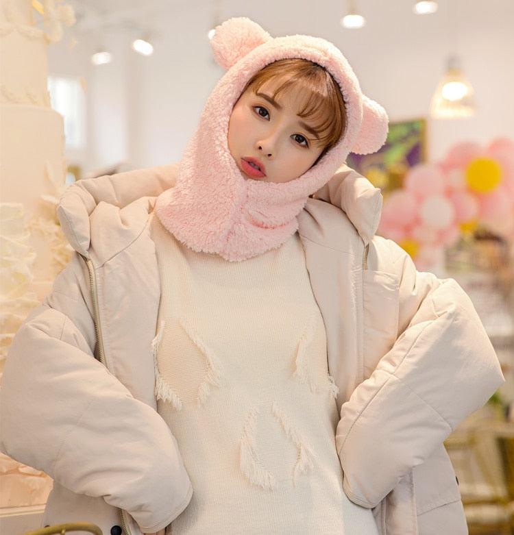 Bonnet d'hiver chaud avec oreilles d'ours mignonnes, coupe-vent, cache-cou, chapeau, écharpe, cagoule en cachemire pour étudiantes, femmes, unisexe, pour sports chauds, bonnets tricotés, cagoule, écharpe à cordon de serrage, cagoule douce en tricot.