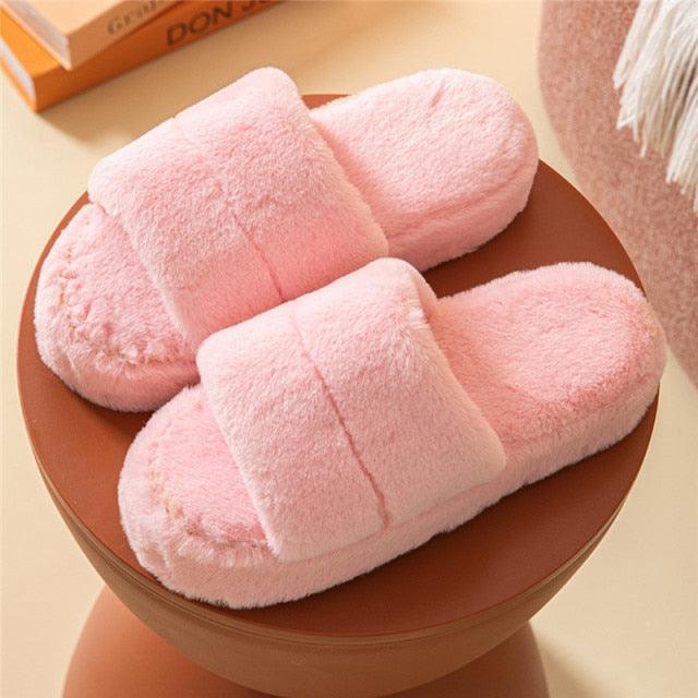 Pantoufles d'hiver pour femmes en peluche, tongs moelleuses, chaussures chaudes à semelle épaisse et douce pour l'intérieur, chaussons à fourrure pour femmes, chaussons fantaisie à bout ouvert en peluche