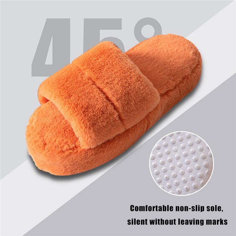 Pantoufles d'hiver pour femmes en peluche, tongs moelleuses, chaussures chaudes à semelle épaisse et douce pour l'intérieur, chaussons à fourrure pour femmes, chaussons fantaisie à bout ouvert en peluche