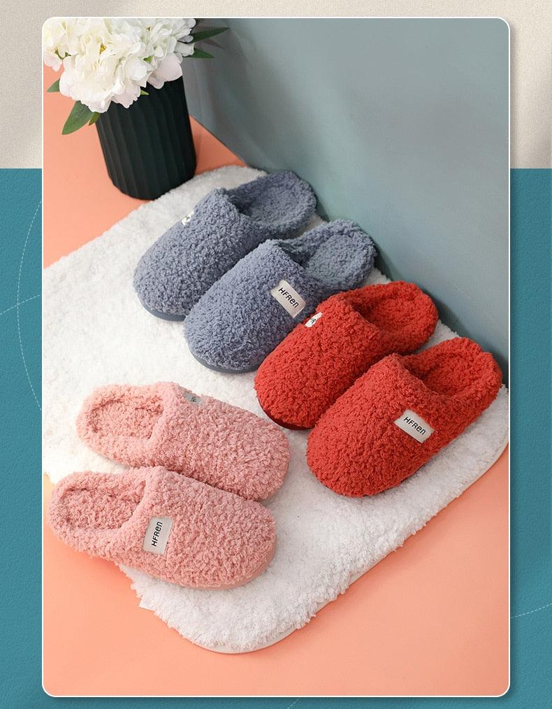 Chaussons d'intérieur en coton à poils courts d'hiver pour femmes, chaussures de sol d'intérieur, pantoufles de maison plates et chaudes pour couples avec mousse à mémoire de forme et chaussures chaudes confortables
