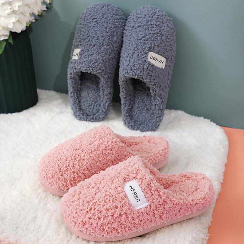 Chaussons d'intérieur en coton à poils courts d'hiver pour femmes, chaussures de sol d'intérieur, pantoufles de maison plates et chaudes pour couples avec mousse à mémoire de forme et chaussures chaudes confortables