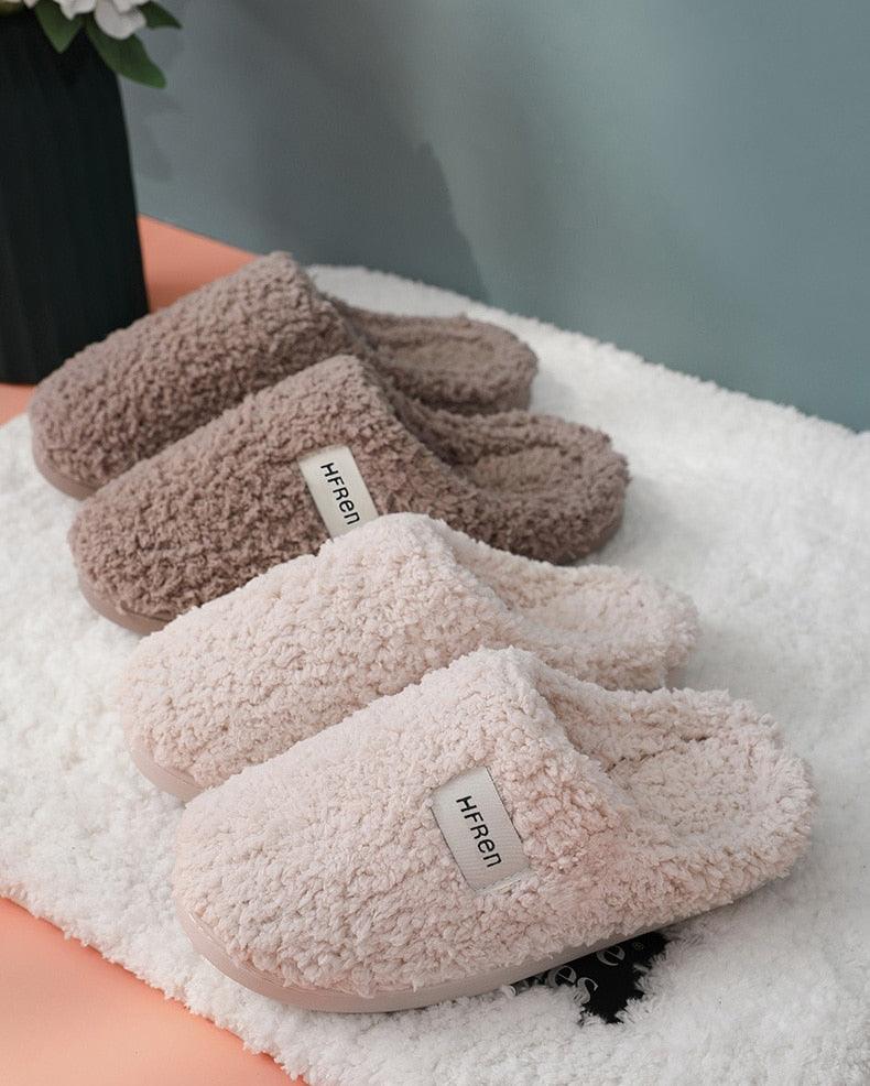 Chaussons d'intérieur en coton à poils courts d'hiver pour femmes, chaussures de sol d'intérieur, pantoufles de maison plates et chaudes pour couples avec mousse à mémoire de forme et chaussures chaudes confortables