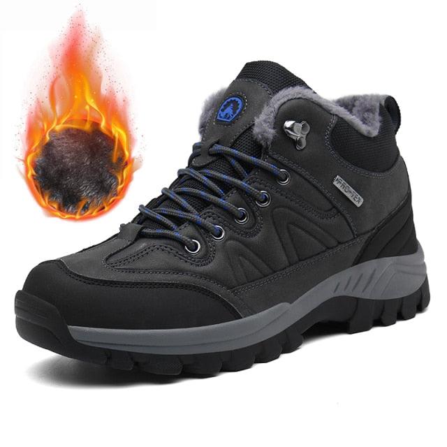 Bottes de neige d'hiver imperméables en cuir, baskets super chaudes pour hommes, bottes de randonnée en plein air, bottes de randonnée doublées de fourrure chaude, chaussures de marche en plein air, bottines décontractées en cuir pour hommes