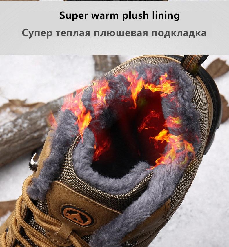 Bottes de neige d'hiver imperméables en cuir, baskets super chaudes pour hommes, bottes de randonnée en plein air, bottes de randonnée doublées de fourrure chaude, chaussures de marche en plein air, bottines décontractées en cuir pour hommes
