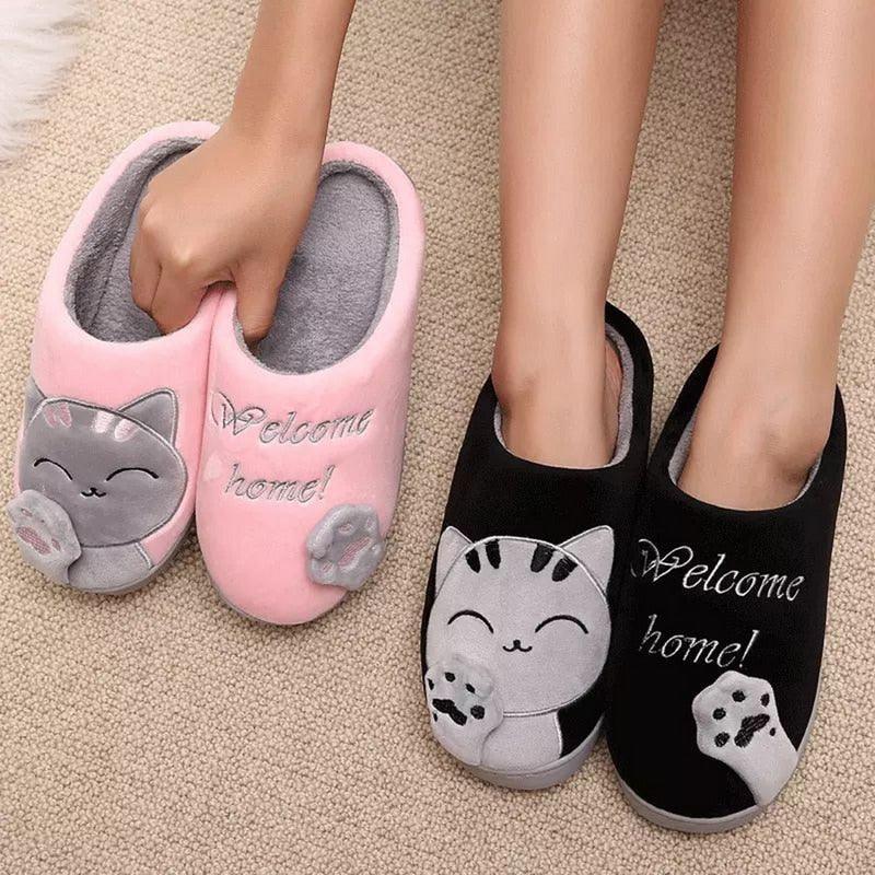 Pantoufles d'intérieur chaudes pour femme, motif chat, antidérapantes, pour la maison, le sol, la chambre à coucher, couple, pantoufles en peluche confortables, mignonnes, chat porte-bonheur, chaudes, pour l'intérieur.