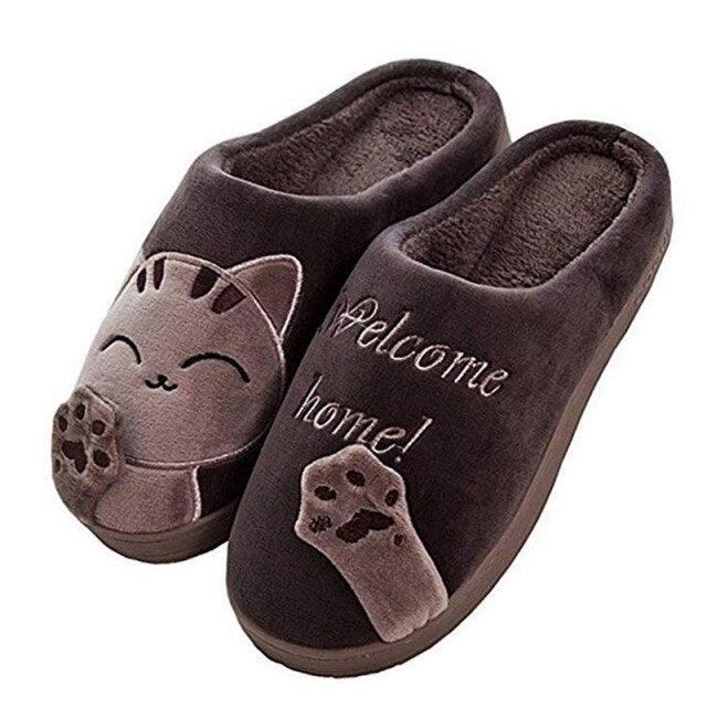 Pantoufles d'intérieur chaudes pour femme, motif chat, antidérapantes, pour la maison, le sol, la chambre à coucher, couple, pantoufles en peluche confortables, mignonnes, chat porte-bonheur, chaudes, pour l'intérieur.