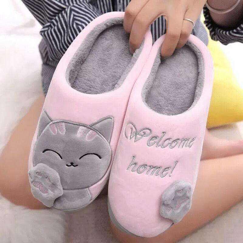 Pantoufles d'intérieur chaudes pour femme, motif chat, antidérapantes, pour la maison, le sol, la chambre à coucher, couple, pantoufles en peluche confortables, mignonnes, chat porte-bonheur, chaudes, pour l'intérieur.