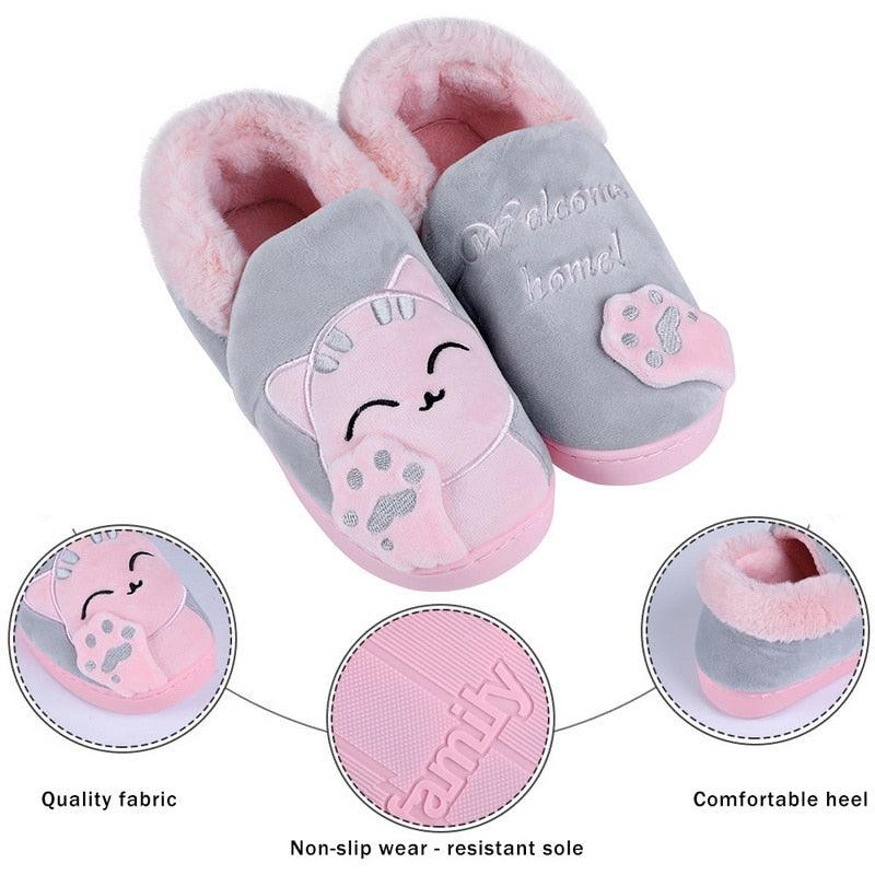 Pantoufles d'intérieur chaudes pour femme, motif chat, antidérapantes, pour la maison, le sol, la chambre à coucher, couple, pantoufles en peluche confortables, mignonnes, chat porte-bonheur, chaudes, pour l'intérieur.