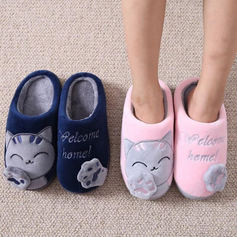 Pantoufles d'intérieur chaudes pour femme, motif chat, antidérapantes, pour la maison, le sol, la chambre à coucher, couple, pantoufles en peluche confortables, mignonnes, chat porte-bonheur, chaudes, pour l'intérieur.