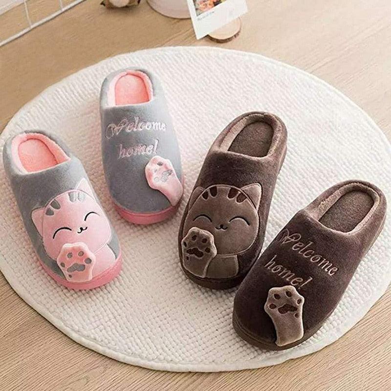 Pantoufles d'intérieur chaudes pour femme, motif chat, antidérapantes, pour la maison, le sol, la chambre à coucher, couple, pantoufles en peluche confortables, mignonnes, chat porte-bonheur, chaudes, pour l'intérieur.
