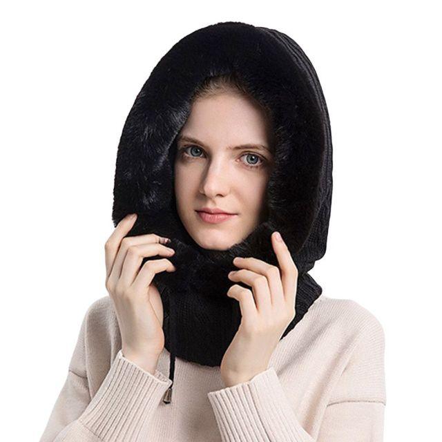 Bonnet de ski tricoté 3 en 1 pour femme avec écharpe cache-cou doublé polaire, cagoule, masque facial, cagoule adulte pour sports de plein air, masque facial d'hiver coupe-vent en polaire pour hommes et femmes, cagoule chaude, chapeau, écharpe