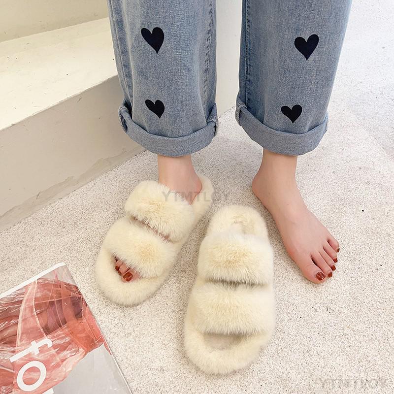 Pantoufles d'intérieur en fausse fourrure pour femmes - Chaussons chauds en peluche ouverts pour la maison, confortables et douillets, pour l'intérieur et l'extérieur.