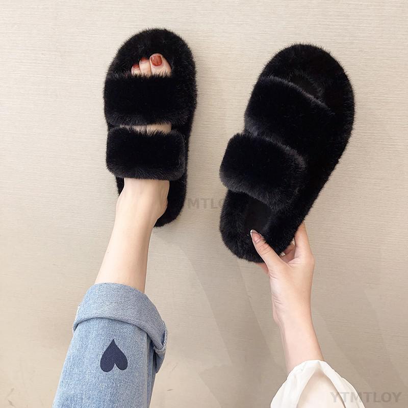 Pantoufles d'intérieur en fausse fourrure pour femmes - Chaussons chauds en peluche ouverts pour la maison, confortables et douillets, pour l'intérieur et l'extérieur.