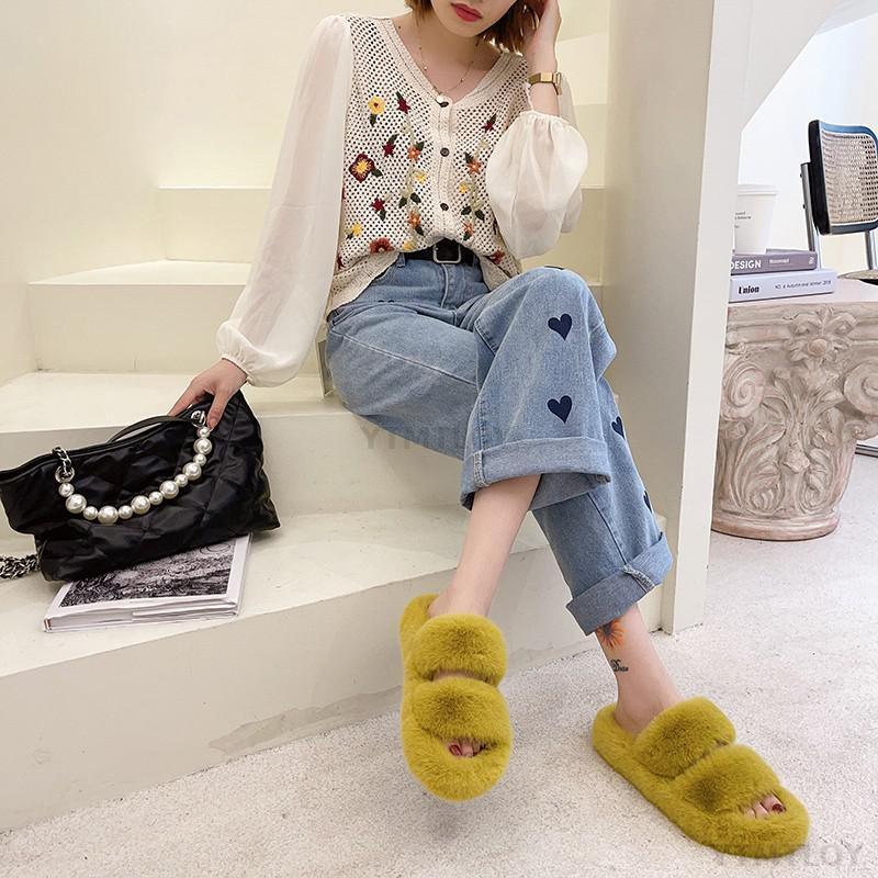 Pantoufles d'intérieur en fausse fourrure pour femmes - Chaussons chauds en peluche ouverts pour la maison, confortables et douillets, pour l'intérieur et l'extérieur.