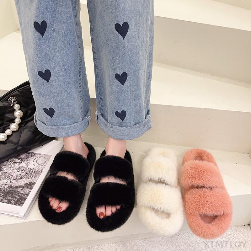 Pantoufles d'intérieur en fausse fourrure pour femmes - Chaussons chauds en peluche ouverts pour la maison, confortables et douillets, pour l'intérieur et l'extérieur.