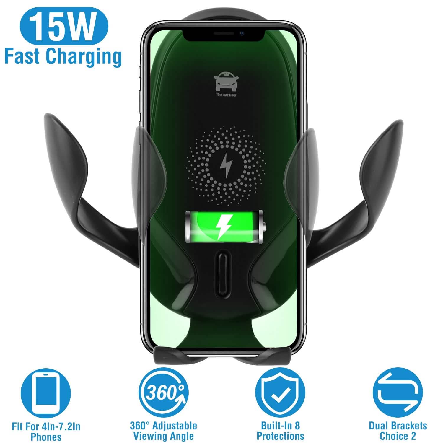 Chargeur de voiture sans fil 15W Qi Charge rapide Support de voiture