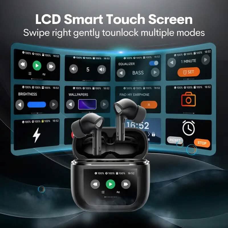 Écouteurs sans fil avec étui de recharge à écran tactile intelligent