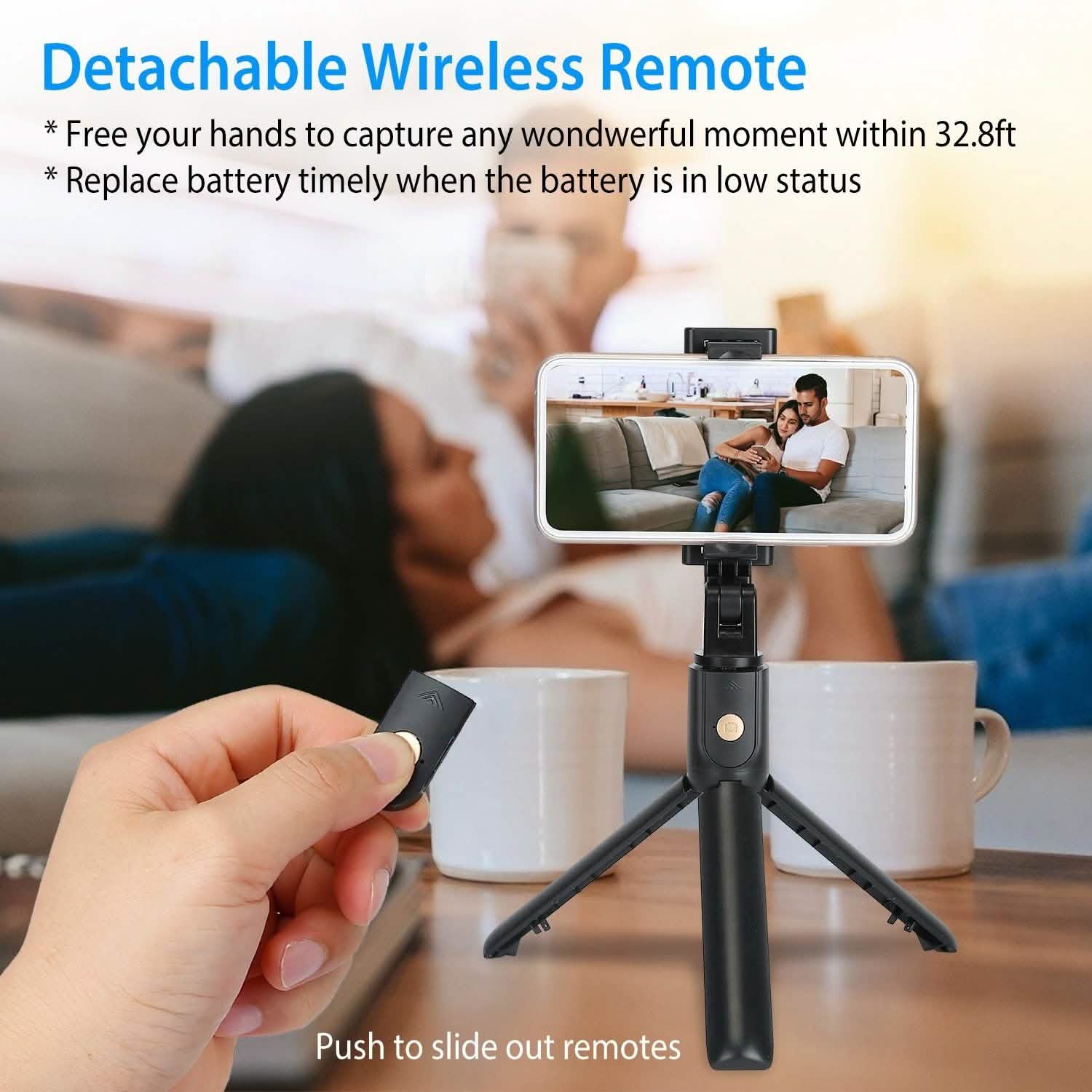Perche à selfie sans fil Trépied extensible avec télécommande détachable pour téléphones de 3,5 à 6,2 pouces