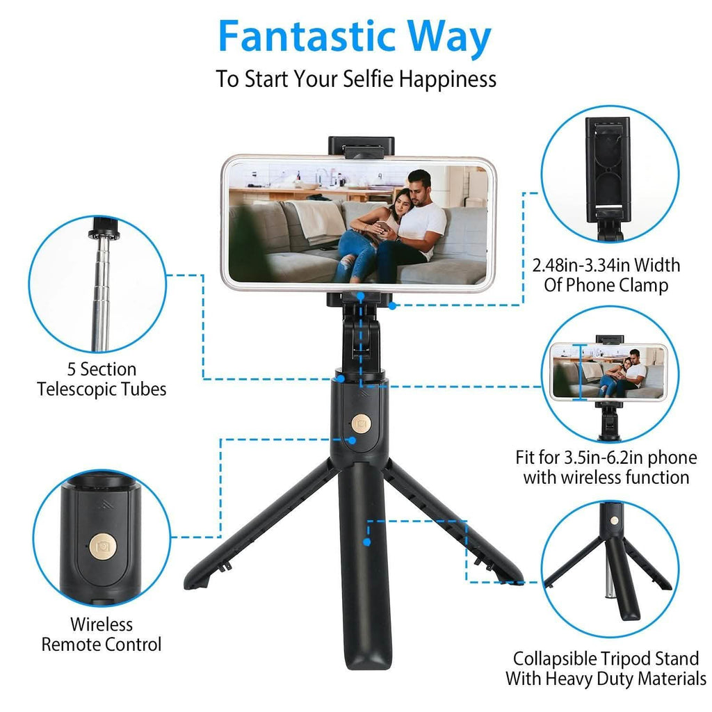 Perche à selfie sans fil Trépied extensible avec télécommande détachable pour téléphones de 3,5 à 6,2 pouces