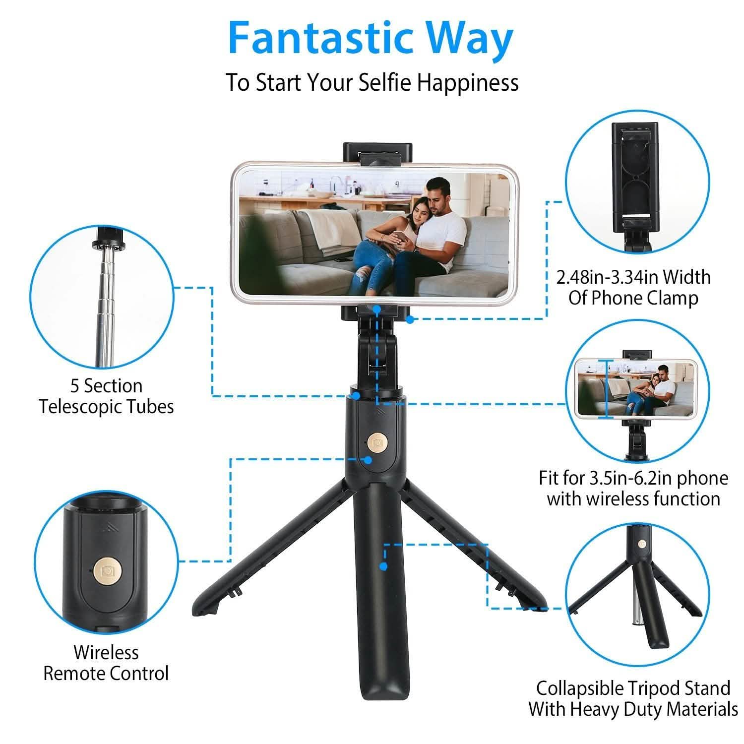 Perche à selfie sans fil Trépied extensible avec télécommande détachable pour téléphones de 3,5 à 6,2 pouces